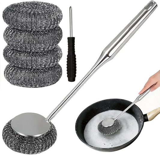 6Pcs Steel Wool Scrubber with Long Handle - Stainless Steel Scrub Brush Set for Scouring Stubborn Messes from Cast Iron, Pots & Pans, BBQ Grill, Sink (1 Scrubber + 4 Pads + 1 Screwdriver)