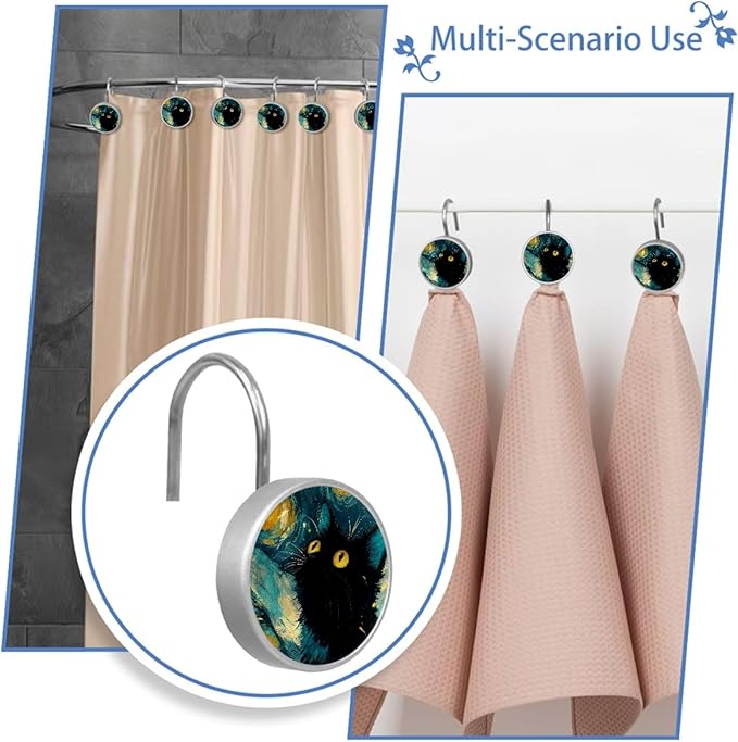 12 Packs Abstract Starry Sky Cat Pattern Shower Curtain Hooks, Stainless Steel Glass Shower Curtain Rings for Bathroom Decor, Metal Rustproof Curtain Rod Hooks