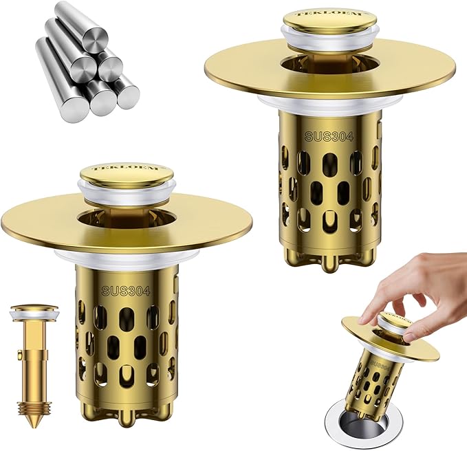 Bathroom Sink Stopper,All Metal Pop-Up Sink Drain Strainer with Removable Stainless Steel Filter Basket, Universal Bathroom Hair Catcher Fit for 1.1-2.36'' Drain (Gold, 2 Pack)