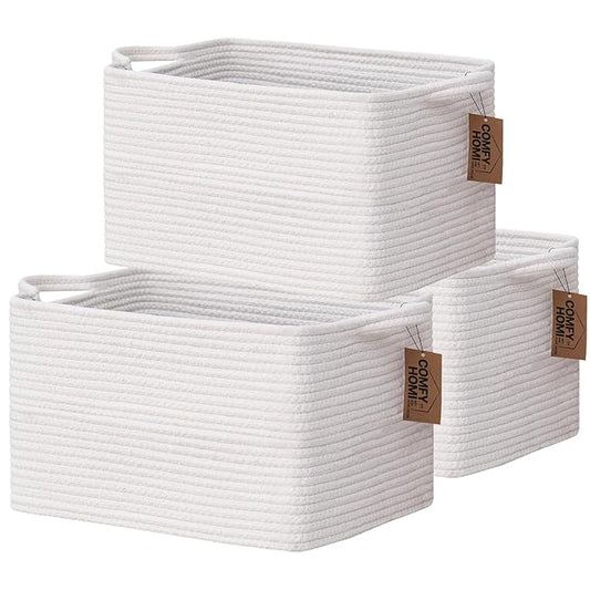 COMFY-HOMI 3PACK Cotton Rope Rectangular Storage Baskets for Living Room, Baby Room, Office (All White, 13.5" x 11" x 9.5")