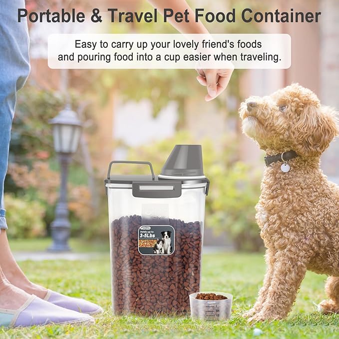 Dog Cat Food Storage Container 3-5lb, Pet Food Container Airtight with Large Spout & Cup, BPA-Free Plastic Food Dispenser for Pet Food, Bird Seed, Rice, Flour (Dark Gray (3L-1pack))