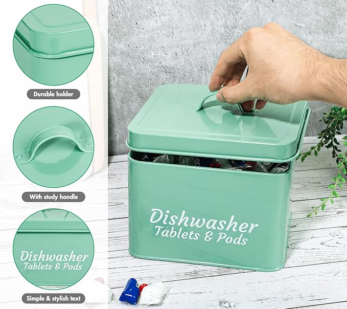 Webake Laundry Pods Container, Dishwasher Pod Container Tablet Holder, Farmhouse Metal Dishwasher Pods Storage Container with Lid for Kitchen Laundry Room Organization and Storage