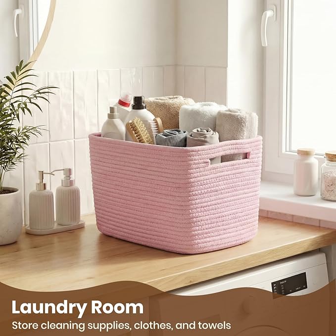 Storage Baskets for Organizing, 14 x 10 x 9” Closet Shelf Woven Baskets, Square Bins with Handles, Cotton Rope Basket for Toys, Clothes, Office, Room, Pink 3 Pack