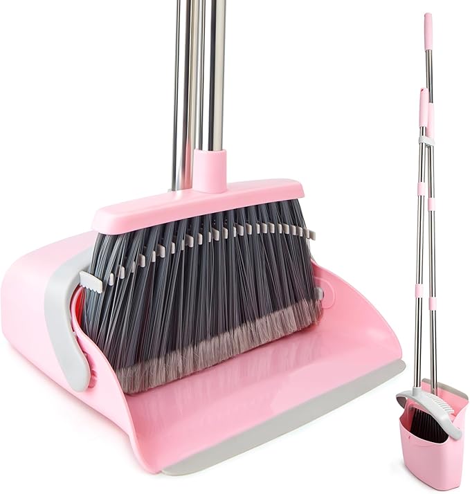 Broom and Dustpan Combo Set (Pink Gray)+24-Count Dishwasher Cleaner Tablets, Deep Cleaning and Descaling Formula, Removes Odors, Scale, and Hard Water Residue, Maintains Dishwasher