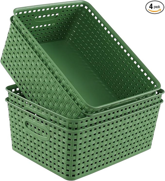 Medium Plastic Baskets for Organizing, Plastic Woven Storage Basket, 4 Packs