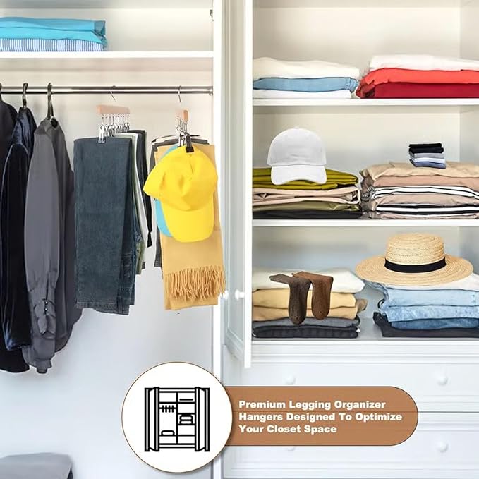 Closet Organizer with 10 Clips - Space Saving Hanging Closet Organizer, 2026 Upgraded Legging Hangers for Closet, 360° Rotating Metal Clips with Silicone Lining for Clothes (New-Wood, 2PCS)
