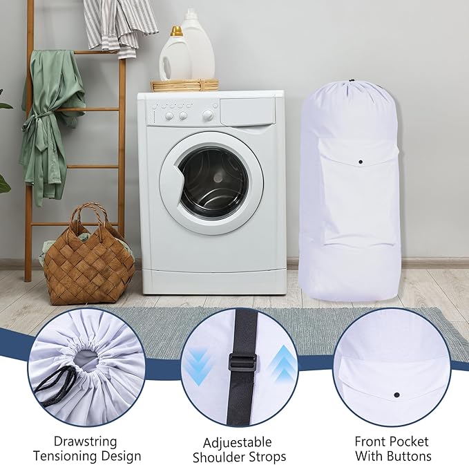 Sanlykate Canvas Backpack Laundry Bag - Extra Large Durable Dirty Clothes 2-3 Days Capacity with Adjustable Shoulder Strap & Front Pocket, for College Dorm, Apartment, Laundromats, Camping Travel