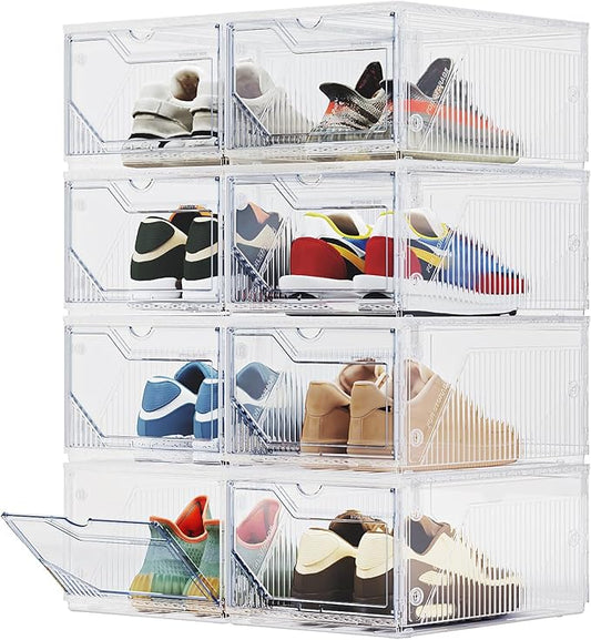 XX-Large Shoe Sneaker Storage Boxes for Size 14, Stackable & Thicken Clear Plastic Shoe Organizers 8 Packs for Entryway Closet Under Bed, Shoe Storage Cabinets Container Display Case w/ Magnetic Door