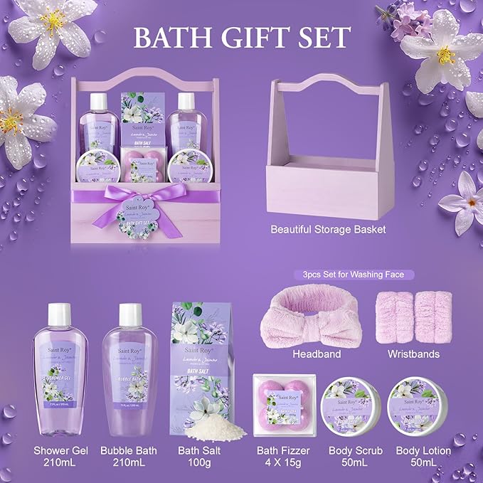 Bath and Body Gift Basket Set for Women - Jasmine Valentines Day Gifts for Women, Spa Gift Basket 13-Piece Bath Gift Set, Gift Set for Ladies Body & Bath Gifts Set Lavender Gift Baskets For Mom