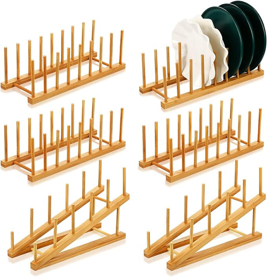 6 Pcs Bamboo Dish Rack 8 Slots Wooden Plates Rack Drying Organizer for Cabinet Classroom Book Organize Pot Lid Holder Bowl Cup Cutting Board Wood Display Stand for Kitchen Cabinet Storage Organizer