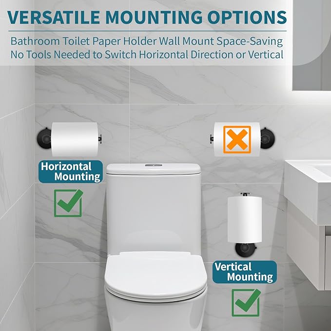 Bathroom Towel Holder | Toilet Paper Holder Wall Mount, 2-in-1, Adhesive Suction, Reusable - Towel Hanger | Black Toilet Paper Holder for Bathroom, Kitchen, RV - Install Easily, Instantly Use, 2 Pack