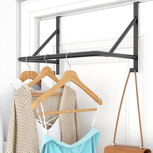Over The Door Clothes Hanger Rod, Metal Over The Door Hanger for Coat, Clothes Drying Rack for Door for Laundry, Bedroom, Washroom, Fits Door Up to 1.97", Black