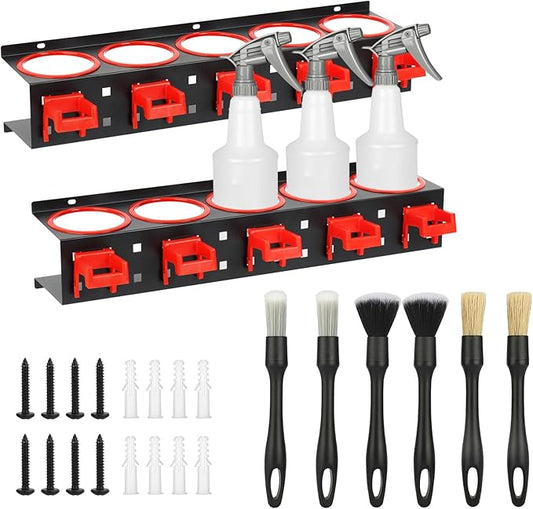 2 Sets Wall-Mounted Spray Bottle Storage Rack,Universal Holder with Car Cleaning Brush Kits & Removable Hooks,Hanging Rail Accessory Display,Auto Detailing Tools Hanger & Bottle Organizer for Garage