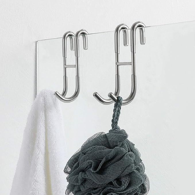 Simtive 10-Inch Shower Squeegee (Includes 1 Shower Door Hook and 1 Adhesive Hook), Shower Door Hooks (2-Pack), Both Silver, 2 Item Bundle