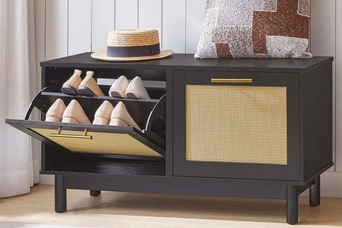 HOOBRO Rattan Shoe Storage Bench with Double Flip Drawers - Image 1