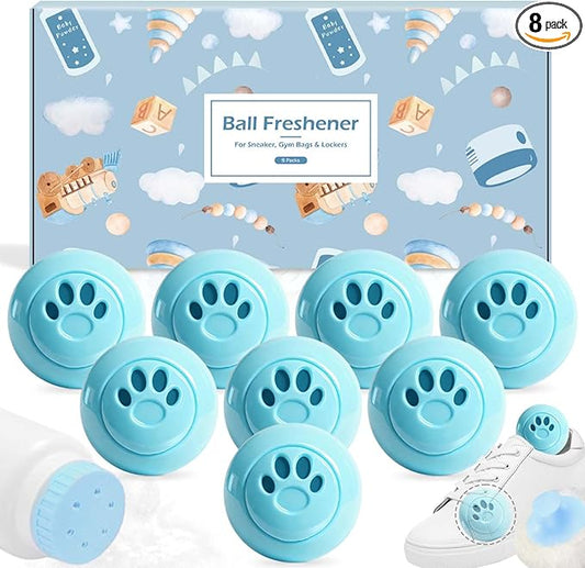 STRN Sneaker Deodorizer Balls 8 Packs Baby Powder Scent Shoe Odor Elimination, Scented Plastic Ball, Long-lasting Freshness Shoe Deodorizer for Sneakers Gym, Bags, Cars and Small Spaces