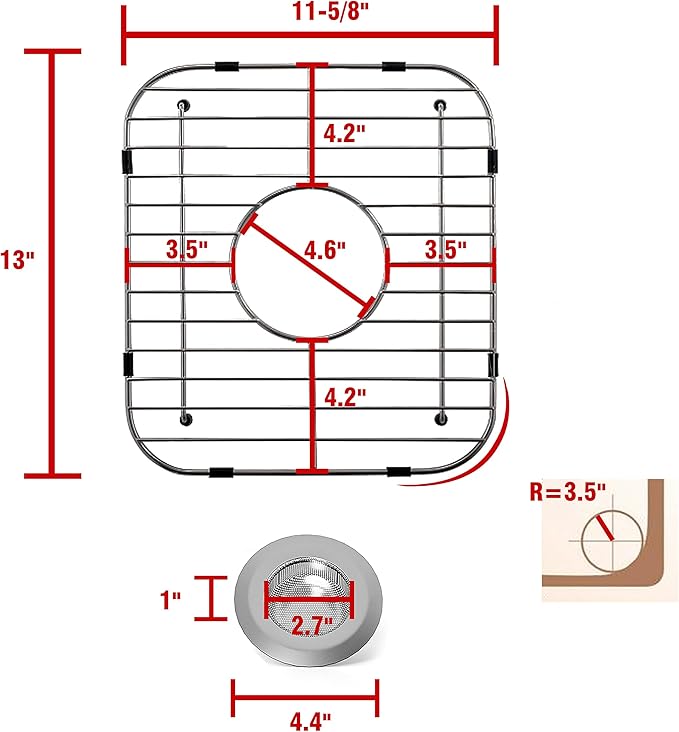 Stainless Steel Kitchen Sink Grid,13.2" x 11.6" x 1.2" Sink Protectors with Center Drain Hole,Sink Rack for Bottom of Sink, Anti-Rust Metal Sink Bottom Grid with Sink Strainers,2Pack