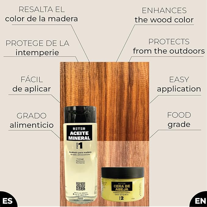 Wood Finish - Kit of Mineral Oil & Bee Wax for Wood Finish - Enhances The Natural Color of The Wood - Wood Polish and Conditioner