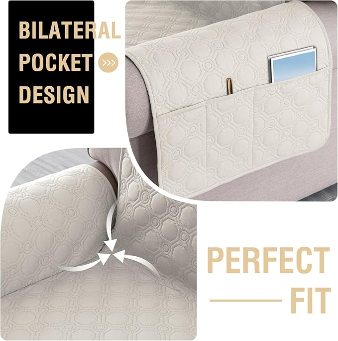 PrinceDeco Beige Loveseat Covers for 2 Cushion Couch Waterproof Sofa Covers, Machine Washable Love Seat Quilted Couch Covers, Pet Friendly Slipcovers (Loveseat 48", Beige Cream)