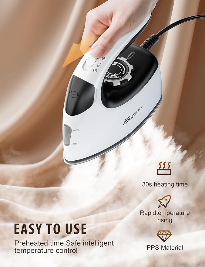 Sundu Mini Travel Iron with Steam,1000W Portable Non-Stick Soleplate Steam Small Iron for Quilting & Sewing,300 Microsteam Holes,90ml Water Tank,Lockable Safety Base,Digital Temperature Control