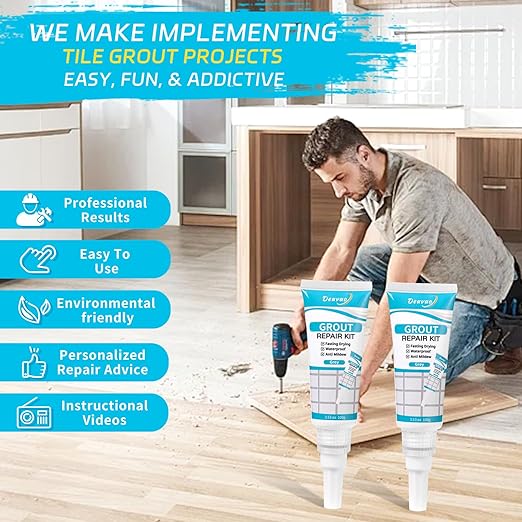 Deuvuo Gray Grout Repair Kit,12 Pcs Gray Caulk Grout Filler for Tile Floor, Grey Grout Paint Pen Tube for Shower Bathroom Kitchen, Fast Drying and Odorless, Restore and Renew Grout Line