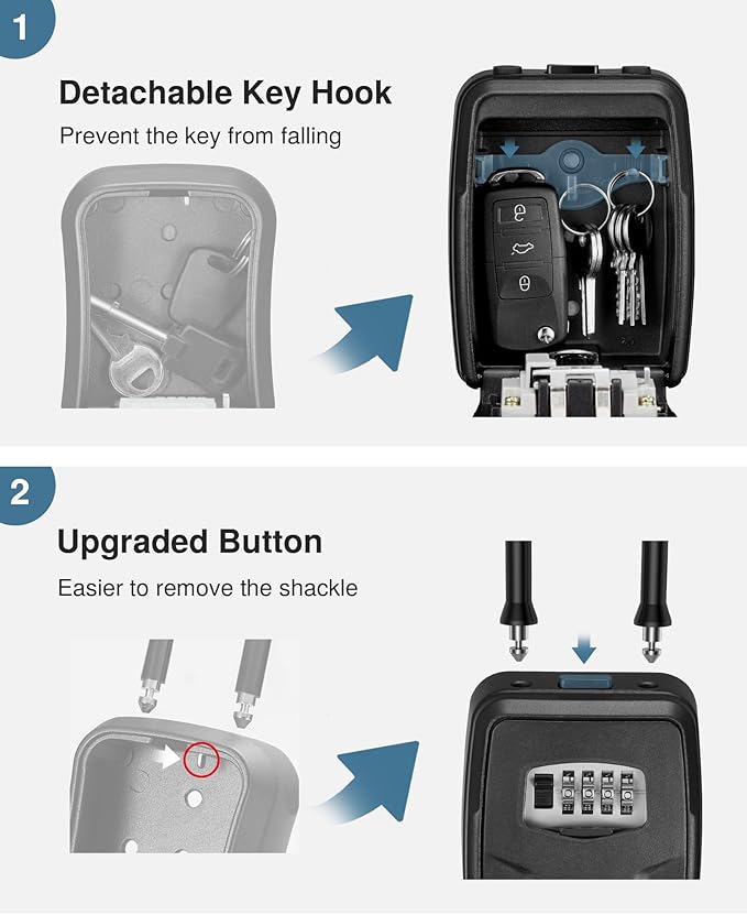 Puroma Large Key Lockbox with Hook, Resettable Combination Code Lock Box, Waterproof Security Wall Mount Lock Box with Shackle for Outdoor, Home, Door Handle Apartment Key Storage (1 Pack, Black)