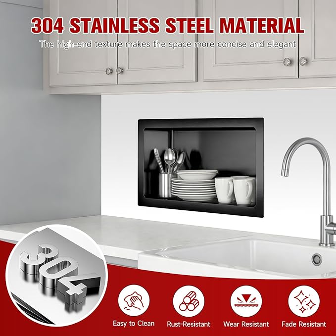 No Tile Needed Shower Niche 13"X 19", Bathroom Wall Niche Single Shelf, Stainless Steel Shower Niche for Bathroom, Kitchens, Balconies