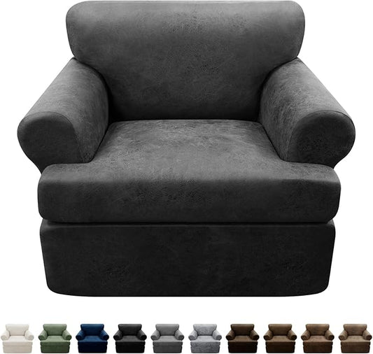 2-Pieces T Cushion Armchair Slipcovers Leather Look Couch Cover Chair Covers Stretch Furniture Protector Sofa Cover with 1 Individual T Cushion Seat Cover Slipcover Sets Washable, Dark Grey
