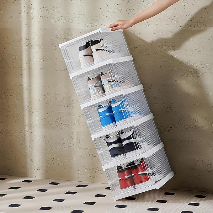 Drop Front Shoe Storage Box, No Assembly Stackable Shoe Organizer Storage Bin with Door, Free Standing Shoe Shelf Cabinet with Lid, Plastic Shoe Rack for Closet Entryway