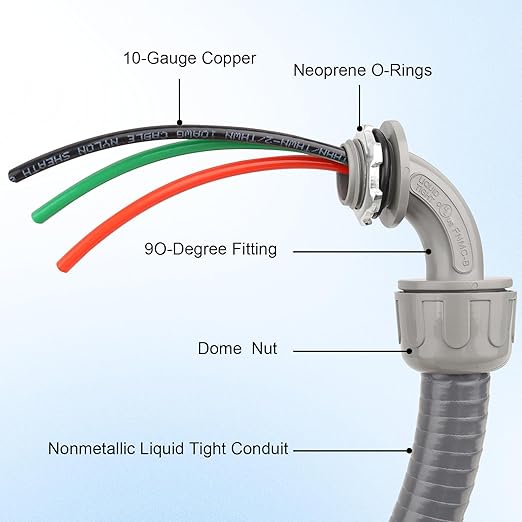 1/2Inch Power Whips Assembly, 4FT Nonmetallic Liquid Tight Flexible Conduit Wire with 3 Conductors 10 Gauge THHN Electrical Wires, A/C Hook-up Whip Kit Electrical Wire(4FTx1/2Inch)