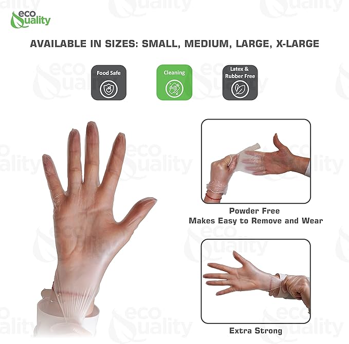 EcoQuality Disposable Vinyl Exam Gloves, Disposable Latex Free Medical Gloves, Non-Sterile, Food Safe, Powder Free, Cleaning, Cooking (2000, X-Large)
