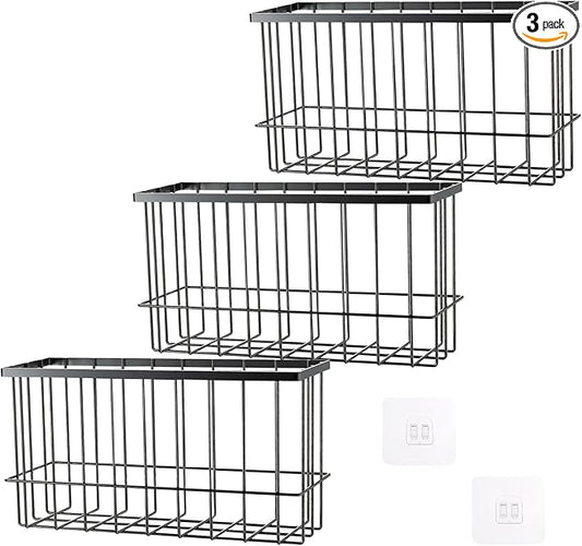 3 Pcs Adhesive Refrigerator Organizer Baskets Metal Shelf Rack and Adhesive Holder with 2 Types of Installation for Storage in Kitchen, Bathroom, Office, or Laundry (Black)