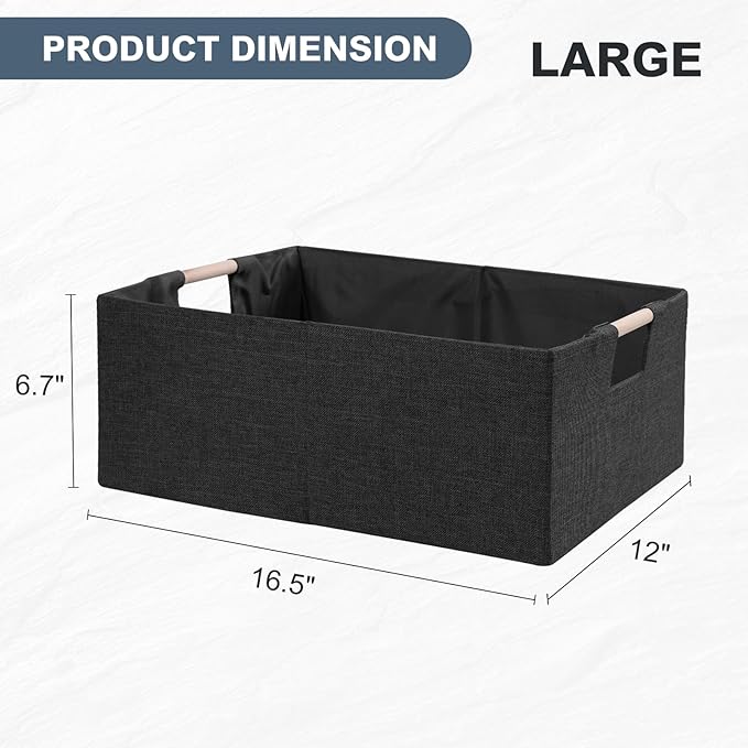 ANMINY 2PCS Storage Baskets for Organizing Collapsible Fabric Storage Bins Boxes with Wood Handles Closet Shelves Cube Organizer Bins Clothes Laundry Storage Container - Large, Black