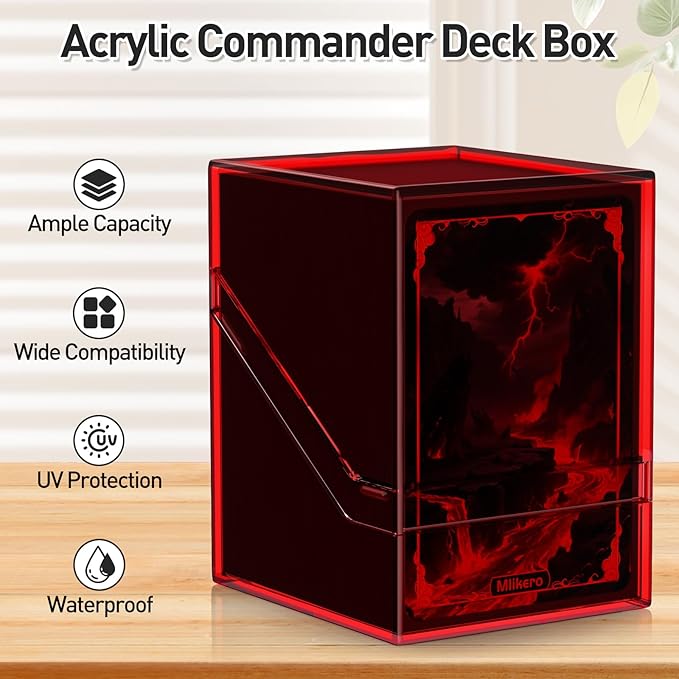 Mlikero Card Deck Cases, Acrylic Commander Deck Box Holding 100+ Sleeved Cards with Dividers, Clear Card Storage Box Fit for MTG, TCG, Sports Cards (Red)