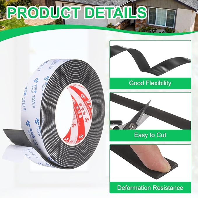 PATIKIL Sponge Rubber Foam Tape, 1 3/8" W x 5/64" t x 16.4ft l Self-Adhesive Foam Insulation Tape Weather Stripping for Window Door Soundproofing Weatherstrip AC Seal Strip, Black