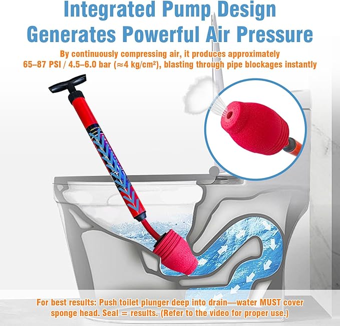Toilet Plunger, High-Pressure Plungers for Bathroom, Toilet Brush and Plunger Set - Powerful Air Drain Unclogger & Heavy-Duty Clog Remover for Bathroom Drains, and Clogged Pipes