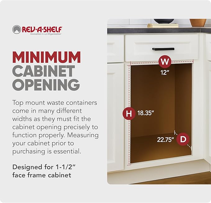 Rev-A-Shelf Top Mount Single Pullout Under Cabinet 35 Quart Kitchen Trash Cans with 150 Pound Rated Full-Extension Slides, 4WCTM-12DM1