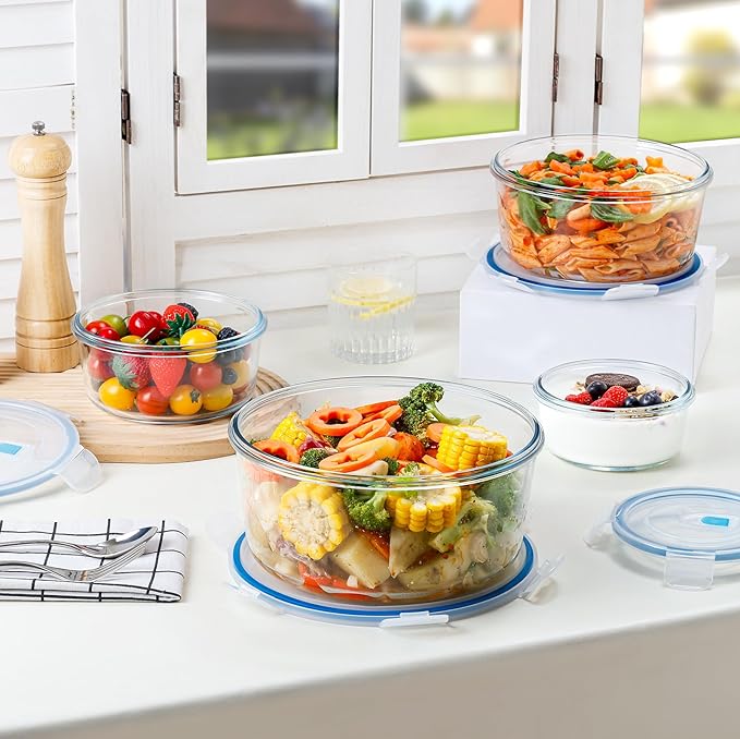 NUTRIUPS 15/30/54/95oz Round Large Glass Food Storage Containers with Lids,Glass Bowl & Meal Prep Containers with Lids,4-Piece Set