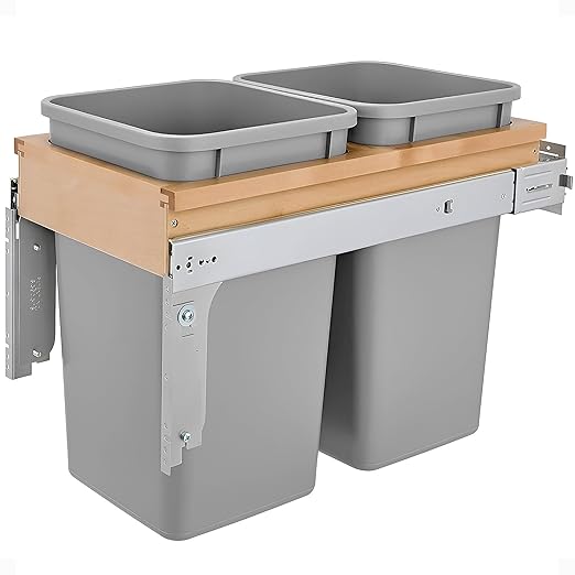 Rev-A-Shelf Top Mount Double Pullout Under Cabinet 27 Quart Kitchen Trash Cans w/ Soft Close, 150 Pound Rated Full-Extension Slides, 4WCTM-15BBSCDM2