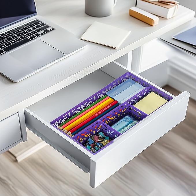 EasyPAG Desk Drawer Organizer with 4 Compartments, Carved Hollow Floral Metal Tray for Office, Jewelry, Cosmetics - No Assembly, Purple