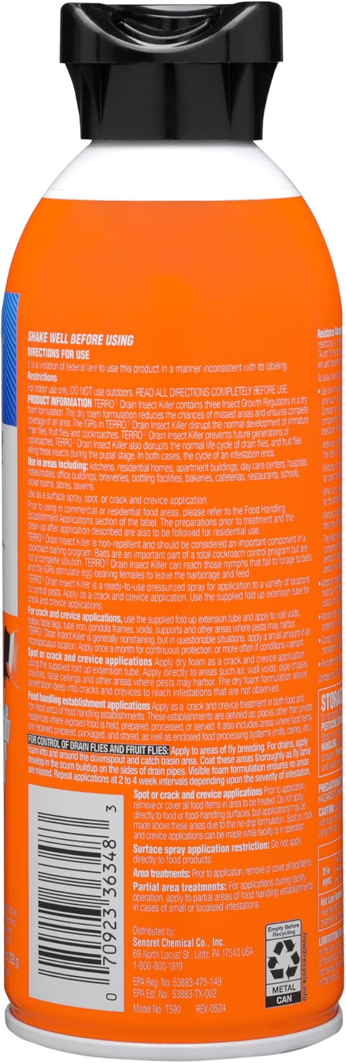 TERRO Drain Insect Killer - T590 Drain Fly Killer Spray - Foam Treatment for Fruit Flies, House Flies, and Cockroaches (Pack of 2)