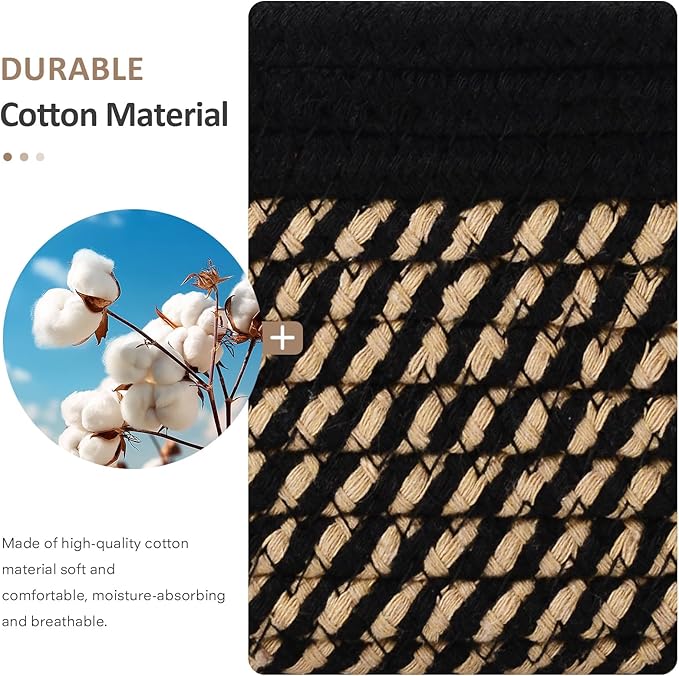 5 Piece Storage Baskets Small Woven Basket with Detachable Leather Handle, Cotton Rope Shelf Baskets for Closet Organizers, Different Sizes Basket Decor, Black Brown