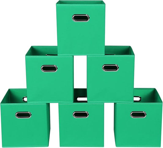 Green Foldable Storage Bins, 11x11x11, Set of 6, (Fabric Cube Organizer with Handle, for Cloth or Accessory Storage)