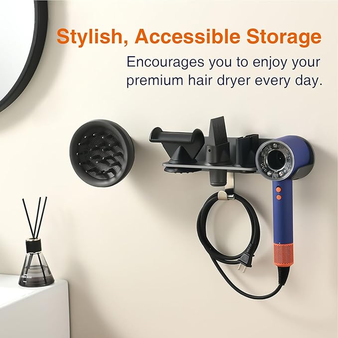 Hair Dryer Holder, Wall-Mounted Blow Dryer Holder, for Dyson Supersonic Nural Attachments, Metal, Gray