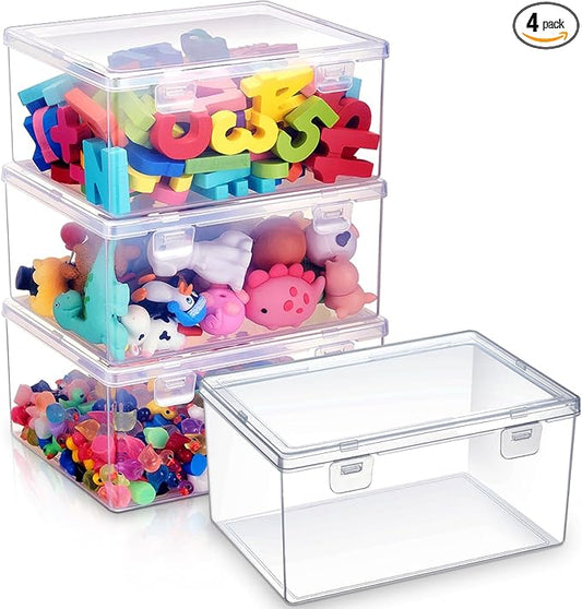 4 Pcs 7.09 x 5.2 x 3.43 Inch Clear Plastic Playroom and Gaming Storage Organizer Box Containers Stackable Storage Bins with Lids for Shelves or Cubbies, Holds Puzzles Building Blocks