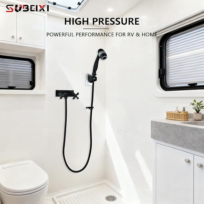 Black RV Shower Faucet with 3-Modes Shower Head and Hose, All Metal Camper Shower Faucet Replacement, 4" RV Outdoor for Travel Trailer, Camper, Motorhome