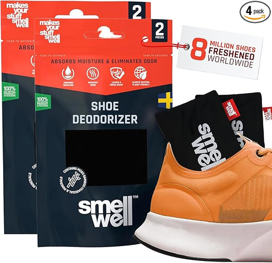 SmellWell - Scented Shoe Deodorizer Inserts - Odor Eliminators - Activated Bamboo Charcoal + Minerals - Natural Fresheners for shoes, bags, gloves - 4 x 1.8oz Original Size Premium Black