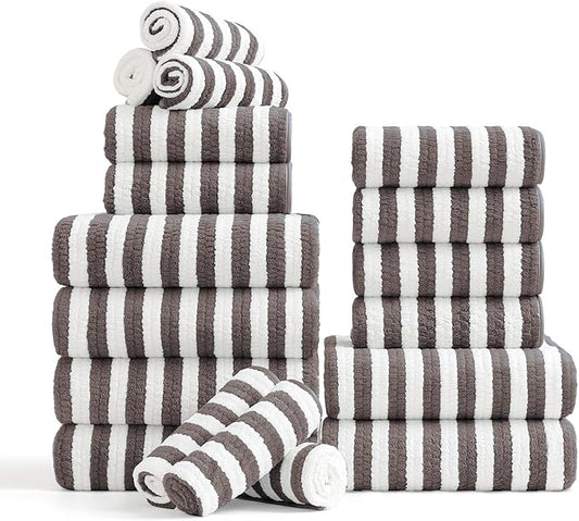 18-Piece Microfiber Bath Towels Set - 6 Bath Sheet, 6 Hand Towels, 6 Washcloths, Soft, Highly Absorbent Bathroom Towel, Quick Dry & Less Lint Shower towel for Bathroom, Hotel, Spa, Dorm-Dark Coffee