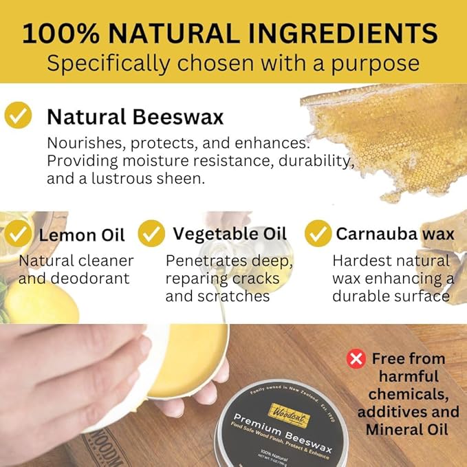 Beeswax Woodcut Premium 7oz, Wood Cream, Food Safe for Cutting Boards, Woodturning, Furniture, Benchtops, Cupboards, Baby Toys, Floors and Leather. Aluminium Container with Sponge