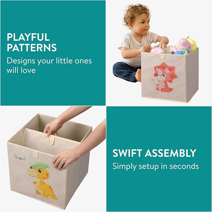 Navaris Toy Storage Boxes - Kids Bedroom Cube Baskets w/ Pull-Out Loop - Fabric Collapsible Box Drawers Unit for Shelves - Compatible with Ikea Kallax Inserts - Set of 4 Dinosaurs